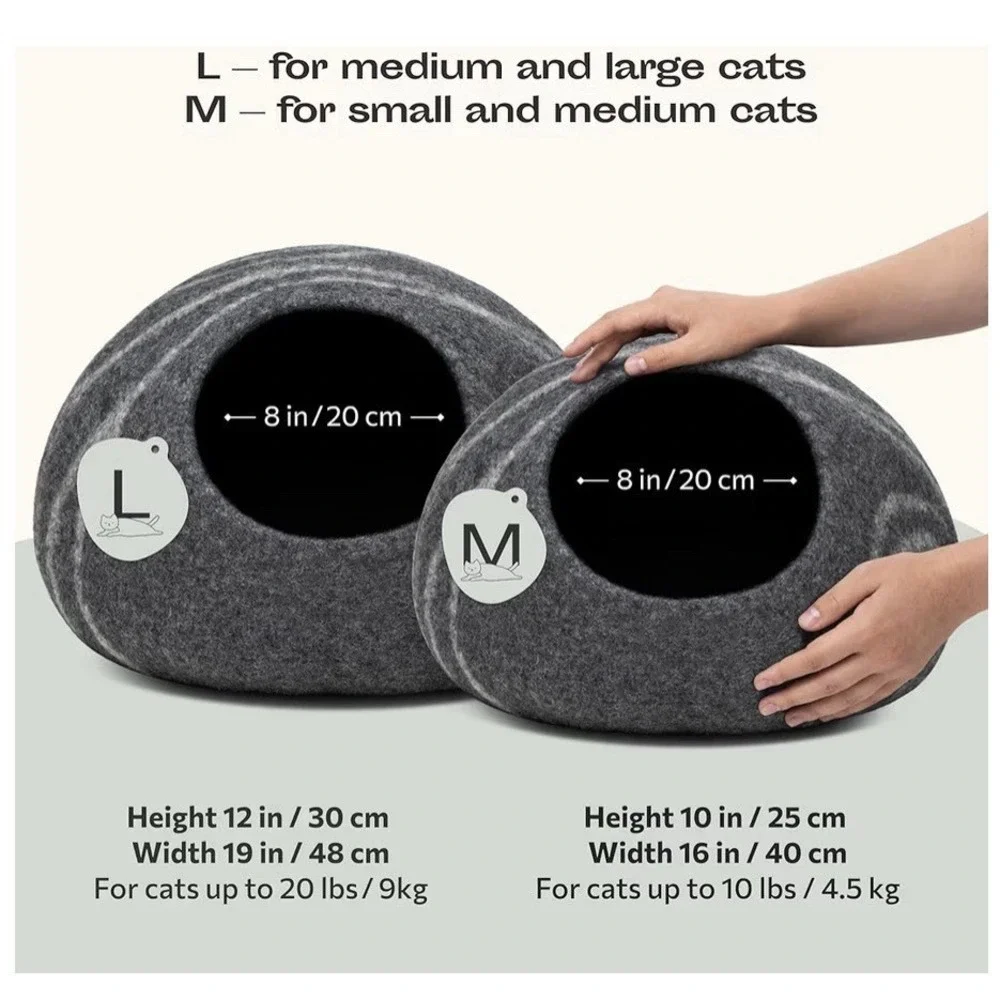 Cat Cave Premium Felt Cat Bed for Indoor Cats, Handmade 100% Merino Wool, Med.